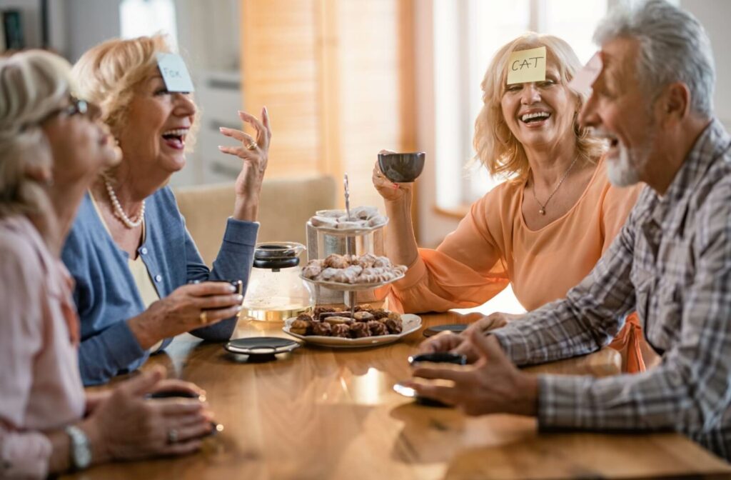 A group of friends playing Word Chains using post-it-notes.