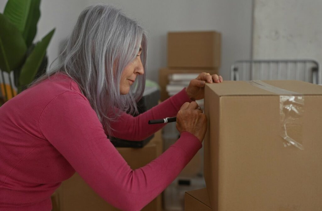 Older adult in pink sweater packing framed photo into moving box for assisted living