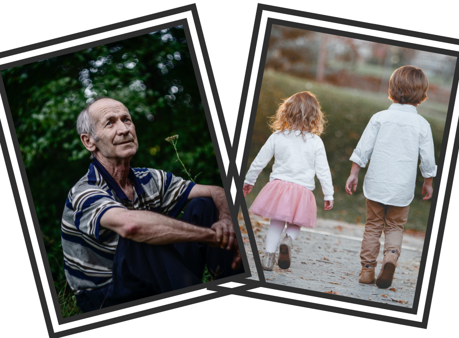 two photos, one ifs a senior sitting other is 2 young kids walking